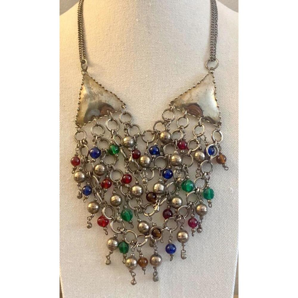 Vintage Bohemian Cascading Bib Necklace - Tribal Jeweled Fringe Collar